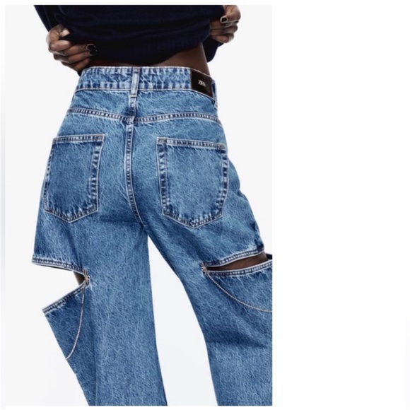 Zara Z1975 MID WAIST STRAIGHT LEG CUT OUT JEWEL JEANS - Picture 3 of 5